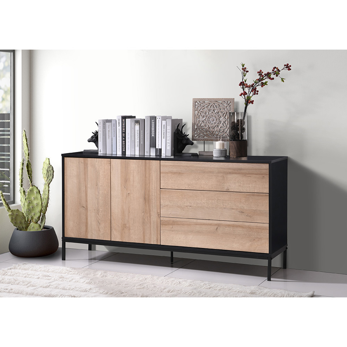 Liberta BLACKBIRD Boufes Riviera Oak/Mavros me 2 Portes kai 3 Surtaria 150x40x75.5cm 05-0669